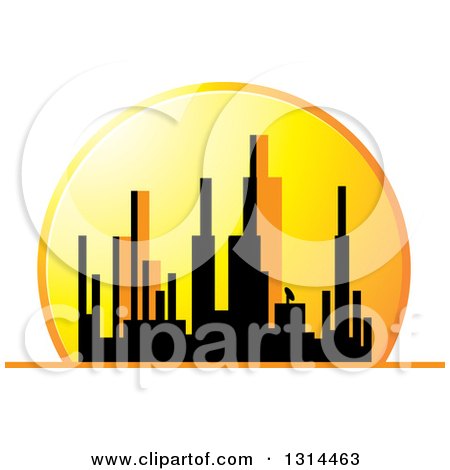 Clipart of a Silhouetted City Skyline of Highrises Against an Orange Sunset - Royalty Free Vector Illustration by Lal Perera