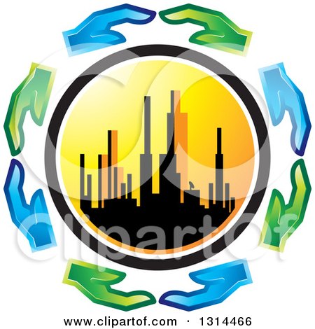 Clipart of a Circle of Blue and Green Eco Hands Around a Silhouetted City Skyline at Sunset - Royalty Free Vector Illustration by Lal Perera