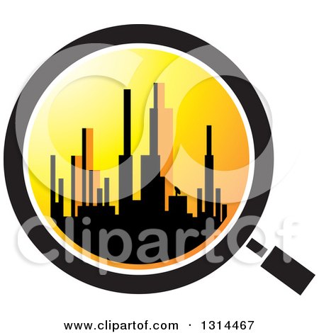 Clipart of a Silhouetted City Skyline at Sunset in a Magnifying Glass - Royalty Free Vector Illustration by Lal Perera