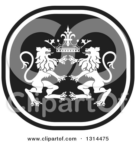 Clipart of a Black and White Rampant Male Lion and Crown Icon - Royalty Free Vector Illustration by Lal Perera