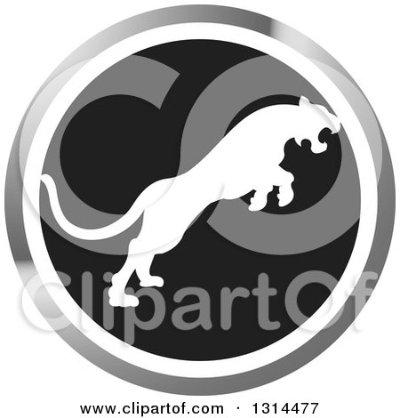 Clipart of a White Silhouetted Leaping Cougar or Tiger in a Black White and Silver Circle - Royalty Free Vector Illustration by Lal Perera