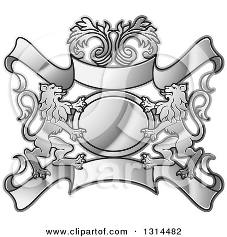 Clipart of a Silver Rampant Male Lion, Floral and Blank Banner Crest - Royalty Free Vector Illustration by Lal Perera
