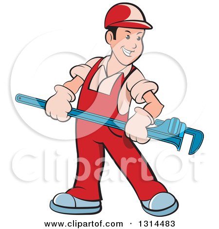Clipart of a Cartoon Happy White Male Plumber in Red Overalls, Holding a Giant Monkey Wrench - Royalty Free Vector Illustration by Lal Perera