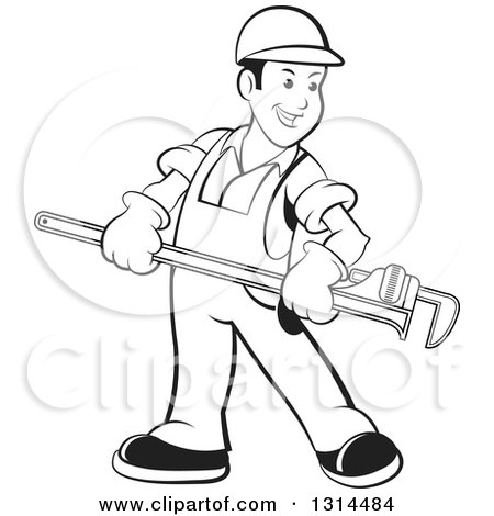 Clipart of a Cartoon Happy Black and White Male Plumber in Overalls, Holding a Giant Monkey Wrench - Royalty Free Vector Illustration by Lal Perera