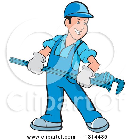 Clipart of a Cartoon Happy White Male Plumber in Blue Overalls, Holding a Giant Monkey Wrench - Royalty Free Vector Illustration by Lal Perera