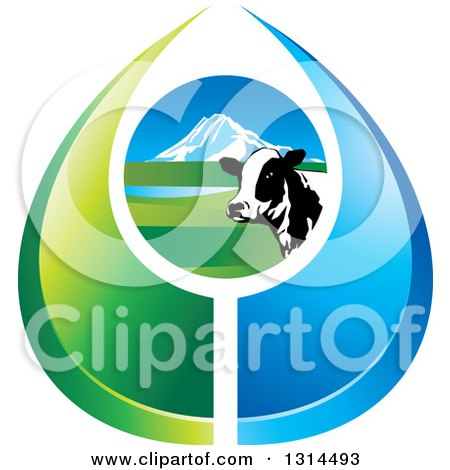 Clipart of a Dairy Cow Head over a Meadow in a Green and Blue Droplet Shape - Royalty Free Vector Illustration by Lal Perera