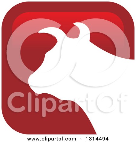 Clipart of a White Silhouetted Bull Head over a Red Square Icon - Royalty Free Vector Illustration by Lal Perera