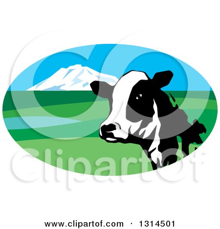 Clipart of a Dairy Cow Head in an Oval Valley Landscape Icon - Royalty Free Vector Illustration by Lal Perera