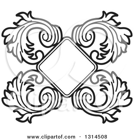 Clipart of a Black and White Floral Design Element with a Diamond Frame - Royalty Free Vector Illustration by Lal Perera