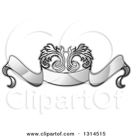 Clipart of a Gradient Silver Ribbon Banner and Floral Design - Royalty Free Vector Illustration by Lal Perera