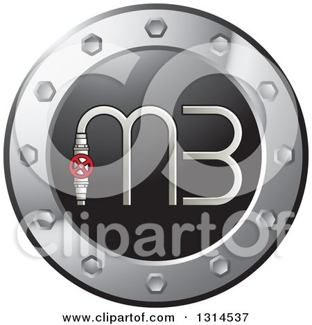 Clipart of a Letter M 3 in a Round Silver and Black Icon with a Red Plumbing Valve - Royalty Free Vector Illustration by Lal Perera