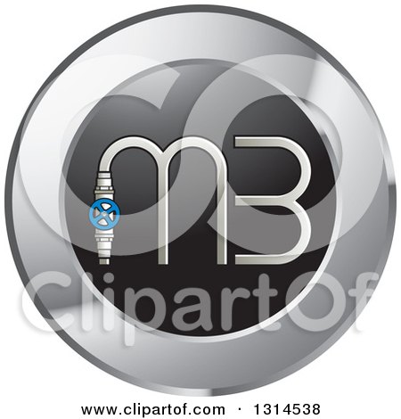 Clipart of a Letter M 3 in a Round Silver and Black Icon with a Blue Plumbing Valve - Royalty Free Vector Illustration by Lal Perera