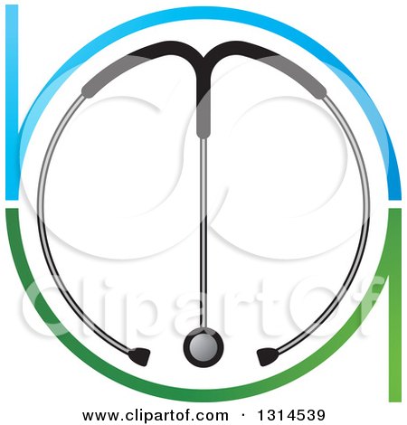 Clipart of a Letter M Formed of a Stethoscope in an Abstract Green and Blue N and U - Royalty Free Vector Illustration by Lal Perera