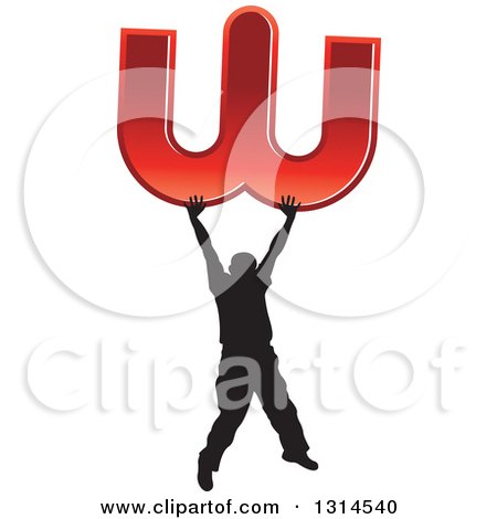 Clipart of a Black Silhouetted Man Holding up a Red Giant Letter W - Royalty Free Vector Illustration by Lal Perera