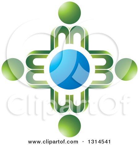 Clipart of Abstract Green Letter M People Forming a Circle Around a Blue Dot - Royalty Free Vector Illustration by Lal Perera