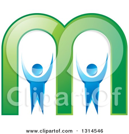 Clipart of a Green Letter M with Two Blue People - Royalty Free Vector Illustration by Lal Perera