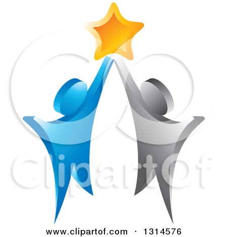 Clipart of a 3d Blue and Silver Couple Cheering with a Star - Royalty Free Vector Illustration by Lal Perera