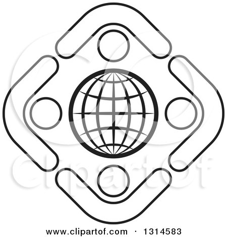 Clipart of a Black and White Group of People in a Circle Around a Globe - Royalty Free Vector Illustration by Lal Perera