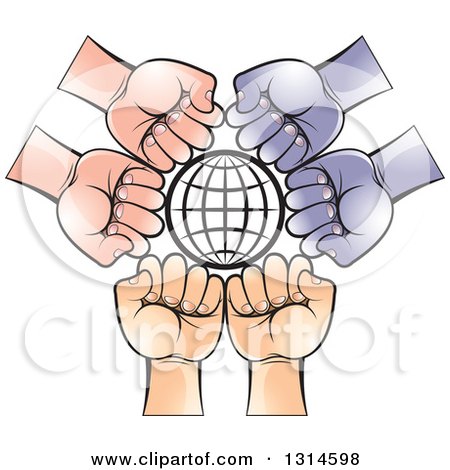 Clipart of a Black Grid Globe Encircled with Different Colored Hands - Royalty Free Vector Illustration by Lal Perera