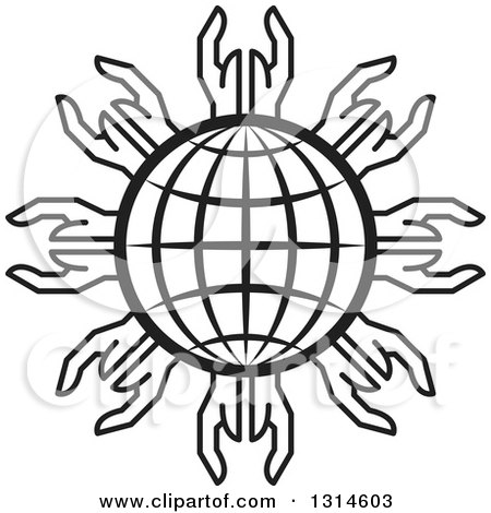 Clipart of a Black Grid Globe Encircled with Hands - Royalty Free Vector Illustration by Lal Perera