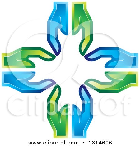 Clipart of a Cross Made of Green and Blue Hands - Royalty Free Vector Illustration by Lal Perera