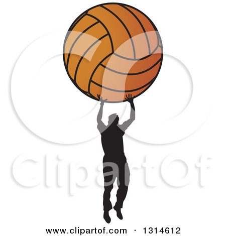 Clipart of a Black Silhouetted Man Holding up a Giant Basketball - Royalty Free Vector Illustration by Lal Perera