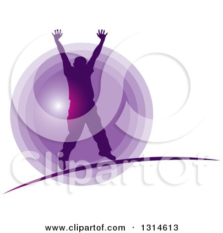 Clipart of a Silhouetted Cheering Man over a Purple Circle - Royalty Free Vector Illustration by Lal Perera