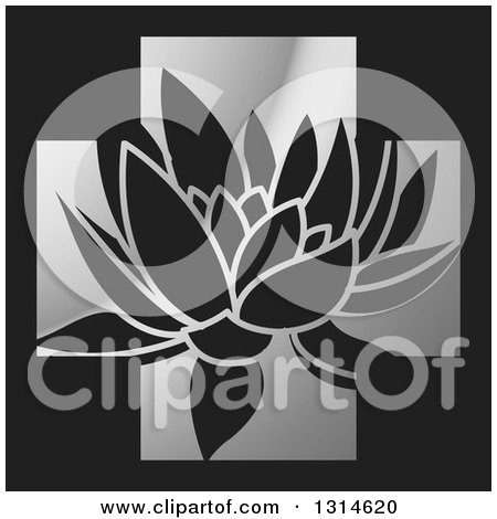 Clipart of a Water Lily Lotus Flower over a Silver Cross on Black - Royalty Free Vector Illustration by Lal Perera