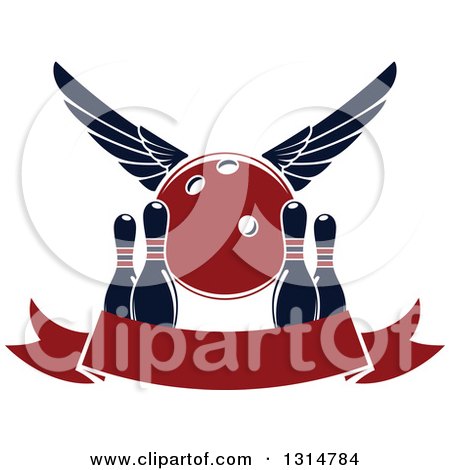 Clipart of a Red Winged Bowling Ball over Pins and a Blank Banner - Royalty Free Vector Illustration by Vector Tradition SM