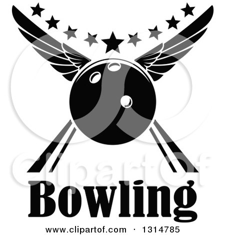 Clipart of a Black and White Winged Bowling Ball in an Alley, with Stars and Text - Royalty Free Vector Illustration by Vector Tradition SM