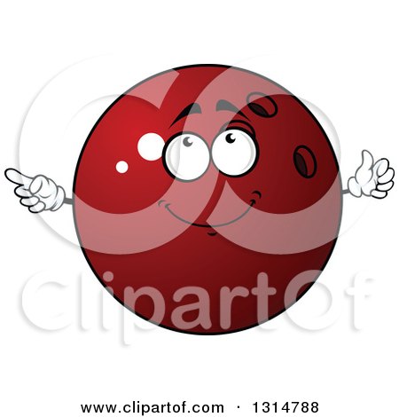 Clipart of a Cartoon Shiny Red Bowling Ball Character Pointing and Giving a Thumb up - Royalty Free Vector Illustration by Vector Tradition SM