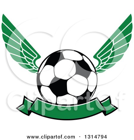 Clipart of a Green Winged Soccer Ball with a Blank Banner - Royalty Free Vector Illustration by Vector Tradition SM
