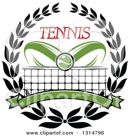 Clipart of a Tennis Ball over Abstract Rackets, a Net, Blank Green Banner and Text in a Black Wreath - Royalty Free Vector Illustration by Vector Tradition SM