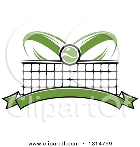Clipart of a Tennis Ball over Abstract Rackets, a Net and Blank Green Banner - Royalty Free Vector Illustration by Vector Tradition SM