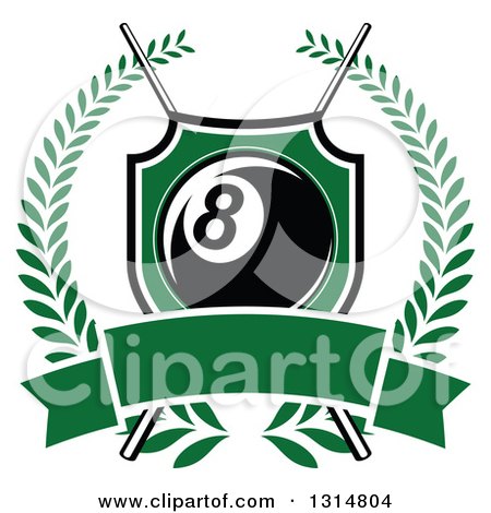 Clipart of a Billiards Pool Eight Ball in a Green Shield over Crossed Cue Sticks and a Blank Green Banner Inside a Wreath - Royalty Free Vector Illustration by Vector Tradition SM