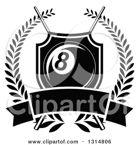 Clipart of a Black and White Billiards Pool Eight Ball in a Shield over Crossed Cue Sticks and a Blank Banner Inside a Wreath - Royalty Free Vector Illustration by Vector Tradition SM