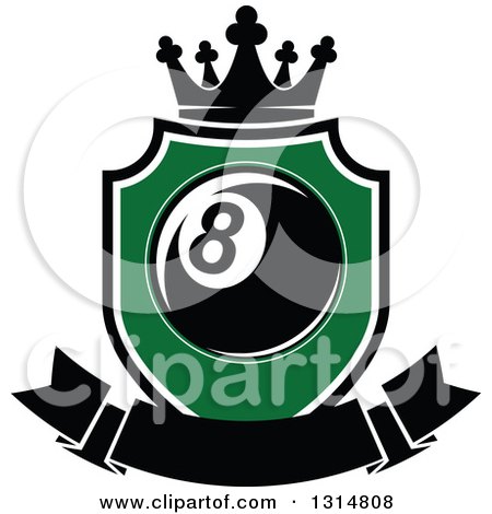 Clipart of a Billiards Pool Eight Ball in a Green Shield with a Blank Banner and Crown - Royalty Free Vector Illustration by Vector Tradition SM