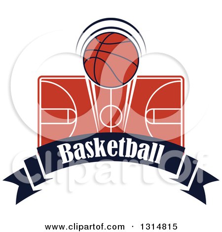 Clipart of a Basketball over a Court and Text Ribbon Banner - Royalty Free Vector Illustration by Vector Tradition SM