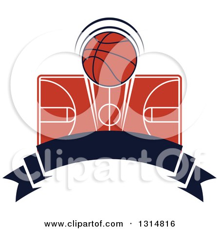 Clipart of a Basketball over a Court and Blank Ribbon Banner - Royalty Free Vector Illustration by Vector Tradition SM