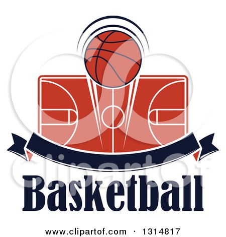 Clipart of a Basketball over a Court, Blank Ribbon Banner and Text - Royalty Free Vector Illustration by Vector Tradition SM