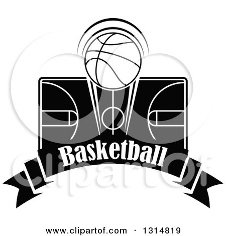 Clipart of a Black and White Basketball over a Court and Text Banner - Royalty Free Vector Illustration by Vector Tradition SM