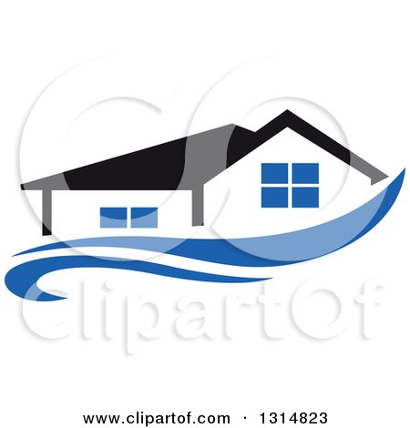 Clipart of a House with a Black Roof over a Blue Swoosh - Royalty Free Vector Illustration by Vector Tradition SM