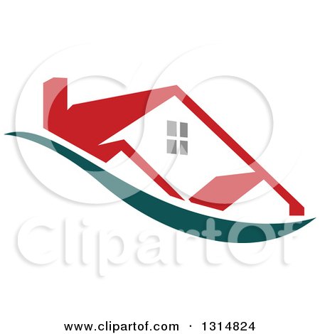 Clipart of a House with a Red Roof over a Teal Swoosh - Royalty Free Vector Illustration by Vector Tradition SM