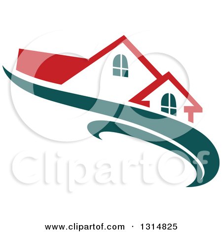 Clipart of a House with a Red Roof over Teal Swooshes - Royalty Free Vector Illustration by Vector Tradition SM