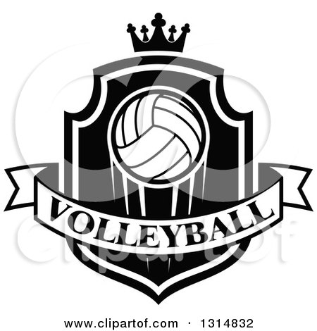 Clipart of a Black and White Volleyball on a Shield with a Crown and Text Banner - Royalty Free Vector Illustration by Vector Tradition SM