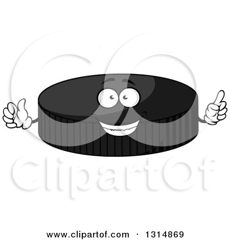 Clipart of a Cartoon Grayscale Hockey Puck Character Holding up a Finger - Royalty Free Vector Illustration by Vector Tradition SM