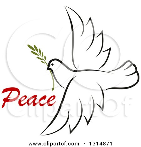 Clipart of a Sketched Flying Peace Dove with a Branch and Text - Royalty Free Vector Illustration by Vector Tradition SM