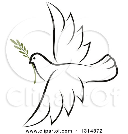 Clipart of a Sketched Flying Peace Dove with a Branch - Royalty Free Vector Illustration by Vector Tradition SM