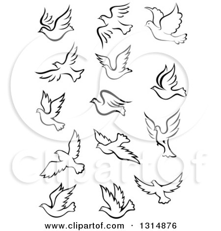 Clipart of Black and White Flying Dove Birds 2 - Royalty Free Vector Illustration by Vector Tradition SM