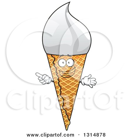 Clipart of a Cartoon Vanilla Ice Cream Waffle Cone Character Pointing - Royalty Free Vector Illustration by Vector Tradition SM